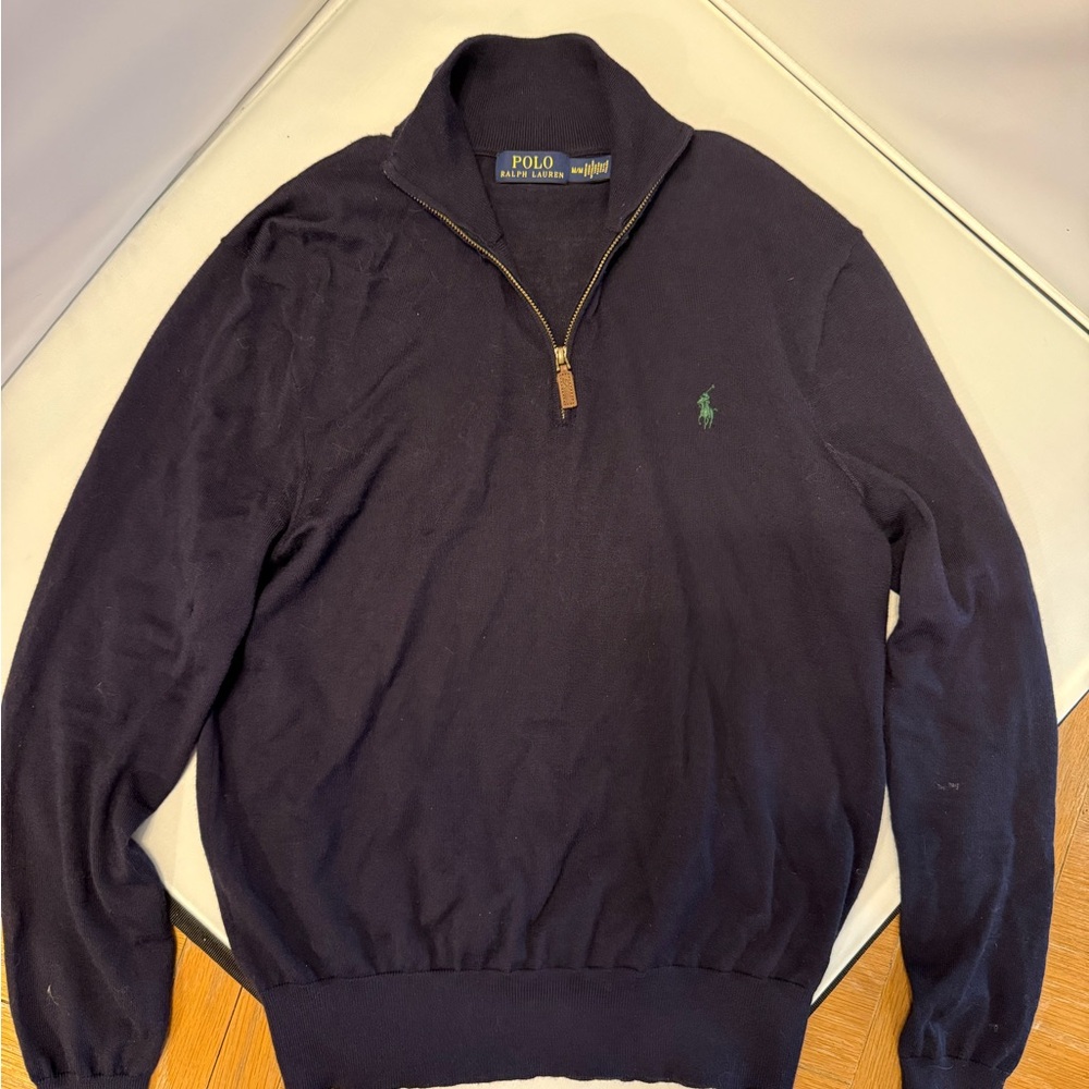 Polo Ralph Lauren Men’s M Navy Quarter Zip Sweater Green Pony Cotton Pullover
